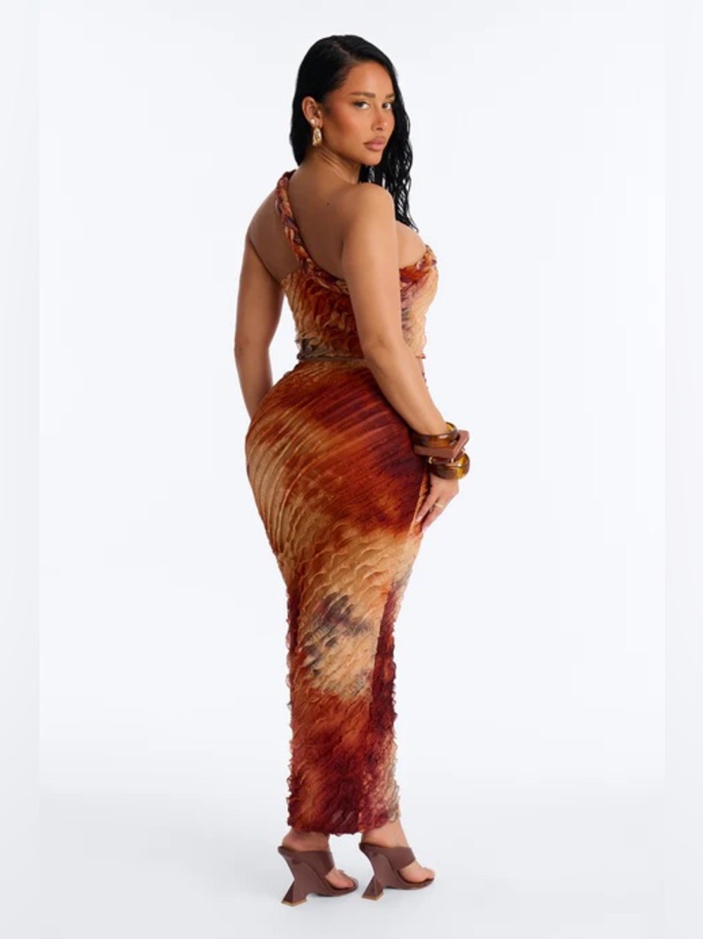Fashion Nova Rust Tie-Dye One-Shoulder Crop Top & Midi Skirt Set NWT - Picture 3 of 8